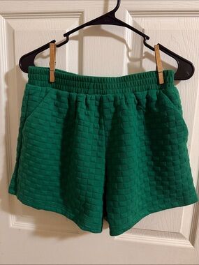 Main Strip Emerald Green Textured Elastic Waist Shorts